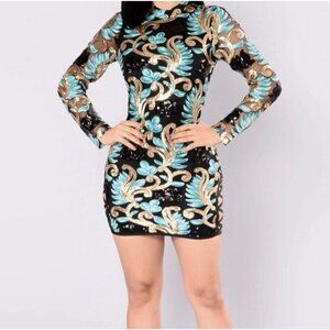 Fashion Nova Dress Size  XS Caprice Sequin Strap Side Bodycon Long Sleeve Black